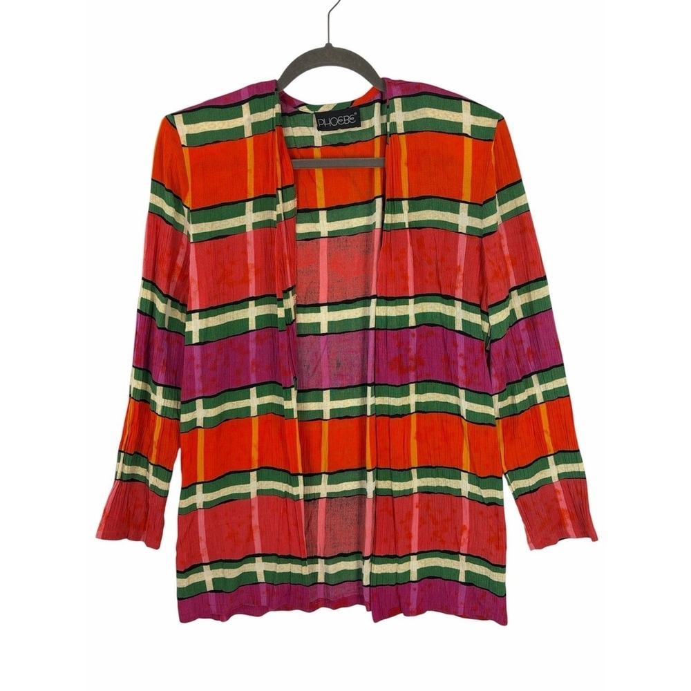 Vintage 80s 90s Phoebe Plaid Open Front Cardigan Shoulder Pads Boho M